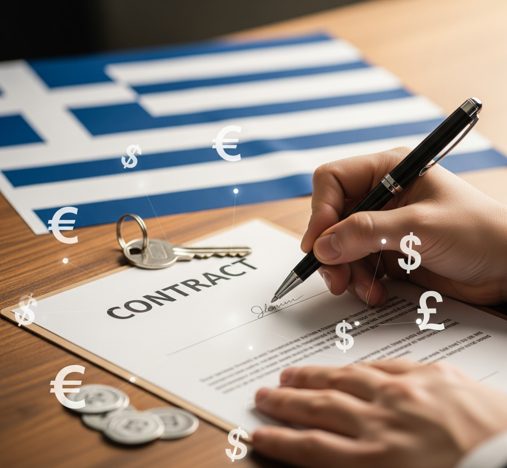 A person's hands are shown signing a contract with a pen. A house key is visible on the document, and the Greek flag is in the background. The image is overlaid with various currency symbols like the Euro, Dollar, and Pound, symbolizing the financial aspects of the transaction.
